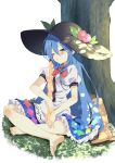  1girl absurdres against_tree barefoot black_hat blue_eyes blue_hair blue_skirt blush bow bowtie breasts commentary_request commission frilled_skirt frills fruit_hat_ornament hat hat_ornament highres hinanawi_tenshi leaf_hat_ornament long_hair medium_breasts one_eye_closed outdoors peach_hat_ornament puffy_short_sleeves puffy_sleeves rainbow_order red_bow red_bowtie seika_okawari shirt short_sleeves sitting skeb_commission skirt soles solo sword_of_hisou toes touhou tree very_long_hair white_shirt 