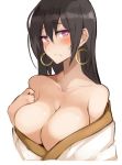  bare_shoulders blush breasts brown_hair cleavage collarbone earrings eyebrows_visible_through_hair fate/grand_order fate_(series) frown hair_between_eyes highres himuka_(523) hoop_earrings jewelry large_breasts long_hair looking_away no_bra off_shoulder purple_eyes shiny shiny_hair simple_background solo sweatdrop upper_body white_background xuanzang_(fate/grand_order) 