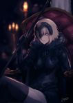  armchair banner blonde_hair blurry blurry_background breasts candle chair commentary_request depth_of_field fate/grand_order fate_(series) glowing glowing_eyes grey_legwear highres holding jeanne_d'arc_(alter)_(fate) jeanne_d'arc_(fate)_(all) lantern large_breasts looking_at_viewer orange_eyes rean_(r_ean) sitting smile smirk solo thighhighs 