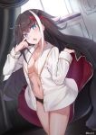  azur_lane bangs black_hair black_panties blue_eyes blush breasts cleavage collarbone commentary_request cowboy_shot deutschland_(azur_lane) dust_particles eyebrows_visible_through_hair fang hair_between_eyes highres holding holding_coat indoors light_rays long_hair long_sleeves looking_at_viewer medium_breasts messy_hair mid-stride multicolored_hair navel no_bra open_clothes open_mouth open_shirt panties red_hair scratching_cheek shirt sidelocks silver_hair stomach streaked_hair thighs twitter_username unbuttoned unbuttoned_shirt underwear very_long_hair waking_up walking white_shirt window yu_ni_t 