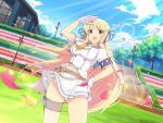  1girl :d ahoge armband ascot belt_pouch bench blonde_hair blue_armband blue_ribbon blue_sailor_collar blue_sky blue_trim blush breasts building buttons clothes_lift cloud cowboy_shot day double-breasted field flower game_cg garden gloves grass green_eyes hair_ribbon hand_on_own_hip hanzou_academy_school_uniform katsuragi_(senran_kagura) kunai large_breasts lens_flare long_hair looking_at_viewer midriff_peek navel official_art open_mouth orange_ascot outdoors park park_bench petals pink_flower pink_petals plant pleated_skirt pouch railing ribbon sailor_collar school_emblem school_uniform senran_kagura senran_kagura_new_link serafuku shiny_skin shuriken skirt skirt_lift sky smile solo stairs standing sun teeth thigh_strap tongue tree upper_teeth_only very_long_hair weapon white_flower white_gloves white_serafuku yellow_flower yellow_petals 