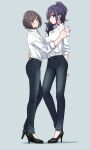  2girls absurdres arm_at_side asahina_mafuyu black_shoes blue_pants blush closed_mouth collared_shirt commentary_request denim expressionless from_side full_body grey_background grey_eyes grey_hair hand_on_another's_back high_heels high_ponytail highres jeans long_hair looking_at_viewer looking_to_the_side matching_outfits multiple_girls muu_(kymmu_10) pants parted_lips ponytail project_sekai purple_eyes purple_hair shinonome_ena shirt shirt_tucked_in shoes short_hair simple_background standing straight_hair three-quarter_sleeves turning_head wavy_hair wing_collar yuri 