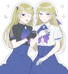  2boys black_gloves black_shirt blonde_hair blue_corset blue_skirt bow bowtie center_frills collared_shirt commentary_request corset crossdressing crossdressing_(mtf) dual_persona eyepatch frilled_gloves frilled_shirt frilled_shirt_collar frilled_sleeves frills gloves gradient_bow gradient_bowtie griffin_stewart hair_bow hairstyle_request highres lolita_fashion long_hair male_focus matching_outfits medical_eyepatch mitsudomoe_koubou_(series) mouenante multiple_boys oshi_no_taisetsuna_hito_ni_narikawaru puffy_short_sleeves puffy_sleeves see-through_clothes see-through_sleeves shirt short_sleeves sitting skirt smile two_side_up very_long_hair white_gloves white_shirt 
