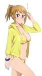  absurdres bikini blue_eyes blush bracelet breasts brown_hair cleavage collarbone cowboy_shot from_side gundam gundam_build_fighters gundam_build_fighters_try hair_ornament hair_scrunchie high_ponytail highres hood hooded_jacket hoshino_fumina jacket jewelry large_breasts looking_at_viewer navel open_clothes open_jacket pink_scrunchie plump print_bikini scrunchie side-tie_bikini sideboob sidelocks simple_background smile solo standing swimsuit tonotyama wet white_background white_jacket yellow_bikini 