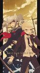  1boy 1girl artist_name blonde_hair braid criis-chan danganronpa_(series) danganronpa_2:_goodbye_despair glass grey_hair holding holding_sword holding_weapon kuzuryu_fuyuhiko looking_at_another pekoyama_peko red_eyes school_uniform sky suit sword twin_braids weapon yellow_eyes yellow_sky 