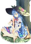  1girl absurdres against_tree barefoot black_hat blue_hair blue_skirt blush bow bowtie breasts commentary_request commission frilled_skirt frills fruit_hat_ornament hat hat_ornament highres hinanawi_tenshi leaf_hat_ornament long_hair medium_breasts outdoors peach_hat_ornament puffy_short_sleeves puffy_sleeves rainbow_order red_bow red_bowtie seika_okawari shirt short_sleeves sitting skeb_commission skirt soles solo sword_of_hisou toes touhou tree very_long_hair white_shirt 