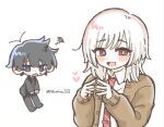  2boys :d akinashi_haru antenna_hair black_hair black_jacket black_pants blue_eyes blue_necktie blush brown_cardigan cardigan collared_shirt dress_shirt full_body heart jacket lapels looking_at_viewer male_focus mini_person miniboy multiple_boys necktie nekomiya_168 pants red_eyes red_necktie saihate_eki shirt smile squiggle steepled_fingers suit tatsunami_shion upper_body white_background white_shirt 