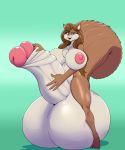  2018 absurd_res anthro areola balls ber00 big_balls big_breasts blue_eyes breasts brown_hair dickgirl hair hi_res huge_balls humanoid_penis hyper hyper_balls hyper_penis intersex long_hair looking_at_viewer mammal nipples open_mouth penis pink_nose rodent simple_background solo squirrel 
