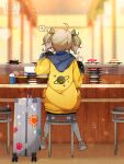  1girl appare_hinata bow bowtie commentary_request eating highres jacket multicolored_hair restaurant rolling_suitcase satsuki_(pixiv_742410) shoes short_hair sitting suitcase thighhighs twintails virtual_youtuber weather_planet white_thighhighs 