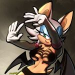  1girl \||/ animal_ears animal_nose artist_name bare_arms bat_ears bat_girl bat_tail bat_wings black_wings blue_eyeshadow breasts collarbone covering_breasts covering_crotch covering_nipples covering_privates double_\||/ elbow_gloves eyelashes eyeshadow furry furry_female gloves green_eyes groin hand_shadow_covering_breasts_(meme) highres large_breasts large_ears lipstick looking_at_viewer makeup meme midriff navel praquina red_lips rouge_the_bat shadow_censor smile solo sonic_(series) stomach tail white_fur white_gloves wings 