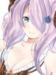  batapi breasts cleavage collarbone frilled_bikini_top granblue_fantasy green_eyes hair_ornament hair_over_one_eye highres long_hair looking_at_viewer medium_breasts narmaya_(granblue_fantasy) purple_hair simple_background smile solo upper_body white_background white_bikini_top 