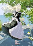  1girl absurdres ahoge apron barefoot black_dress blonde_hair blue_eyes dappled_sunlight dress floating_hair flower frilled_apron frills from_behind full_body grass highres light_particles long_hair looking_at_object maid maid_apron maid_headdress nature nekory ocean original outdoors puffy_sleeves road road_sign sign signature solo sunlight swept_bangs tree tree_shade wavy_sidelocks white_apron 