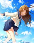  :d absurdres azit_(down) blue_neckwear blue_skirt blue_sky brown_hair cloud day floating_hair from_below highres leaning_forward long_hair midriff_peek miniskirt necktie open_mouth orange_eyes original outdoors pleated_skirt school_uniform serafuku shirt skirt sky smile socks solo standing water white_legwear white_shirt 