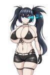  1girl alternate_breast_size_(larger) belt bikini bikini_top_only black_hair black_rock_shooter black_rock_shooter_(character) black_shorts blue_eyes boots breasts flaming_eye front-tie_top glowing glowing_eye highres large_breasts long_hair midriff navel no_shirt nya0117 scar shorts solo swimsuit twintails uneven_twintails 