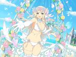  1girl aqua_eyes arch ass_visible_through_thighs back_bow beach blonde_hair blue_flower blue_petals blue_rose blue_sky blush bouquet bow bra breasts bridal_bikini bridal_lingerie bridal_swimsuit bride church cleavage cloud cowboy_shot day detached_collar elbow_gloves falling_petals floral_arch flower flower-trimmed_bra flower_trim frilled_thigh_strap game_cg gloves groin hair_bow hair_flower hair_ornament heart holding holding_bouquet jewelry large_breasts light_rays linea_alba lingerie long_hair looking_at_viewer multicolored_flower multicolored_rose navel necklace nontraditional_wedding_dress ocean official_alternate_costume official_art open_mouth outdoors palm_leaf palm_tree panties pearl_necklace petals pink_bow pink_flower pink_rose plant reaching reaching_towards_viewer red_flower ribbon rose senran_kagura senran_kagura_burst senran_kagura_new_link sky smile solo sparkle stairs steeple stomach sunbeam sunlight thigh_strap thighhighs tree underboob underwear underwear_only water white_bow white_bra white_gloves white_panties white_ribbon white_thighhighs window yellow_flower yellow_rose yomi_(senran_kagura) 