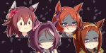  4girls :d ^_^ animal_ears black_background brown_hair closed_eyes commentary_request ear_covers epaulettes false_smile flower flower_in_eye gold_hairband hair_between_eyes hair_flower hair_intakes hair_ornament hairband highres horse_ears horse_girl long_hair meso_(zgmf-xv) multiple_girls parted_bangs ponytail purple_hair sakura_bakushin_o_(blossom_in_learning)_(umamusume) sakura_bakushin_o_(umamusume) sakura_chitose_o_(racing)_(umamusume) sakura_chitose_o_(umamusume) sakura_chiyono_o_(strength_in_full_bloom)_(umamusume) sakura_chiyono_o_(umamusume) sakura_laurel_(saisir_le_reve)_(umamusume) sakura_laurel_(umamusume) shaded_face short_hair simple_background smile symbol_in_eye umamusume victory_club_(umamusume) 