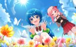  2girls :d bare_shoulders belt black_choker black_shirt blue_butterfly blue_eyes blue_hair blue_jacket blue_sky blurry blurry_background blurry_foreground blush bow bowtie bracelet bug butterfly butterfly_hair_ornament choker cloud collared_shirt commentary_request dandelion day depth_of_field fang field flower flower_field fudeshima_shigure game_cg green_skirt hair_bow hair_ornament hands_up highres horns jacket jewelry lens_flare long_hair long_sleeves looking_at_viewer miniskirt multiple_girls non-web_source off-shoulder_shirt off_shoulder official_art open_clothes open_jacket open_mouth outdoors pink_eyes pink_flower pink_hair plaid_clothes plaid_skirt pleated_skirt purple_eyes rainbow red_bow red_flower red_skirt see-through_clothes see-through_sleeves self-datamine shirt short_hair skirt sky sleeveless smile squatting standing sun sunflower sunlight toneri_nikako tongue virtual_youtuber white_flower white_shirt world_dai_star yellow_flower 