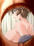  back bangs bare_shoulders blurry blush breasts breasts_outside brown_eyes brown_hair commentary_request curtains depth_of_field eyebrows eyebrows_visible_through_hair eyelashes from_side hair_between_eyes indoors kosokosomaru_(higashi_taishi) large_breasts looking_afar mizuno_nanatsu no_bra off_shoulder original parted_lips peephole peeping pov profile short_eyebrows short_hair shoulder_blades sideboob solo thick_eyebrows undressing upper_body voyeurism 