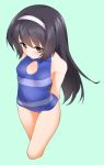  arms_behind_back bangs black_hair blue_swimsuit breasts brown_eyes cleavage_cutout closed_mouth commentary covered_navel cowboy_shot cropped_legs eyebrows_visible_through_hair girls_und_panzer hairband hatakenaka_(kamagabuchi) highres leaning_forward light_smile long_hair looking_at_viewer one-piece_swimsuit reizei_mako simple_background small_breasts solo standing swimsuit white_hairband 