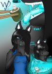  anthro black_fur blue_eyes blue_glow canine clothed clothing duo female food fox fur glowing glowing_eyes inside male male/female mammal saliva shirt soft_vore squish stomach sushi unknown_artist vore wau white_fur wolf wolfe_(artist) 