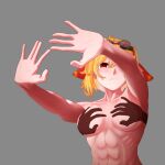  1girl \||/ absurdres blonde_hair breasts double_\||/ hand_shadow_covering_breasts_(meme) highres hololive hololive_indonesia kaela_kovalskia long_hair mariarthas meme no_nipples open_hands outstretched_arms red_eyes shadow_censor shadow_puppet solo spread_fingers topless_female virtual_youtuber 