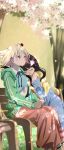  2girls bench black_hair blonde_hair blue_dress blue_shirt cardigan cherry_blossoms closed_eyes closed_mouth commentary day dress green_jacket head_on_another's_shoulder highres inoue_takina jacket long_hair lycoris_recoil medium_hair multiple_girls nishikigi_chisato open_clothes open_jacket open_mouth outdoors park_bench pink_skirt red_eyes sengoku_chidori shirt sitting skirt smile untranslatable_commentary yellow_cardigan yuri 