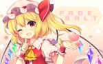  ;d ascot blonde_hair blush character_name commentary_request eyebrows_visible_through_hair fang finger_to_face flandre_scarlet frilled_shirt_collar frills gradient gradient_background hair_between_eyes hand_up hat hat_ribbon head_tilt heart highres index_finger_raised looking_at_viewer mob_cap one_eye_closed open_mouth pink_background puffy_short_sleeves puffy_sleeves red_eyes red_ribbon red_vest ribbon ruhika short_hair short_sleeves side_ponytail smile solo star touhou upper_body vest white_background wings wrist_cuffs yellow_neckwear 