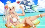  ankle_cuffs bad_id bad_pixiv_id barefoot beach bow breasts cleavage cloud collarbone dark_skin day dragon eyebrows_visible_through_hair flower front-tie_bikini front-tie_top granblue_fantasy hair_between_eyes hair_flower hair_ornament hibiscus innertube kasappi long_hair medium_breasts ocean outdoors red_bow red_eyes red_flower shiny shiny_skin sideboob silver_hair sitting sky smile solo tail tail_bow transparent water wet white_bikini_top yellow_innertube zooey_(granblue_fantasy) 