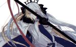  1girl aesc_(fate) aesc_(savior)_(fate) artist_name black_bow black_gloves black_tiara blonde_hair blue_eyes blue_ribbon bow cape chain closed_mouth commentary_request dress fate/grand_order fate_(series) floating_hair fur-trimmed_cape fur_trim gloves grey_hair hair_bow hakaba_garden hand_up heterochromia highres long_hair long_sleeves looking_at_viewer morgan_le_fay_(fate) morgan_le_fay_(third_ascension)_(fate) multicolored_hair purple_eyes ribbon sidelocks simple_background solo standing tiara two-tone_hair upper_body very_long_hair watermark white_background white_cape white_dress wide_sleeves 
