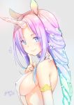  animal_ears armlet blue_eyes blush braid breasts closed_mouth commentary covered_nipples flower from_side green_eyes grey_background hair_flower hair_ornament half_updo hand_up heart highres horn index_finger_raised large_breasts long_hair looking_at_viewer original purple_hair shibi sideboob sidelocks simple_background single_braid smile solo twitter_username unicorn_girl 