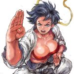  bandaid bandaid_on_face bandeau black_hair breasts cleavage collarbone commentary_request covered_nipples dougi fighting_stance large_breasts looking_at_viewer makoto_(street_fighter) open_mouth scarf shu-mai simple_background solo street_fighter street_fighter_iii_(series) sweat toned 