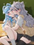  2girls ? alternate_costume black_thighhighs blazer blue_eyes blue_hair blush chalkboard cone_hair_bun double_bun grey_hair hair_bun heart highres holding holding_phone hololive hololive_indonesia jacket jasper_xandros kiss kissing_cheek kobo_kanaeru liquid_hair long_hair multiple_girls phone pleated_skirt school_uniform skirt thighhighs vestia_zeta virtual_youtuber 