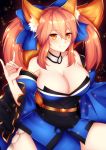  animal_ears blue_kimono blush breasts cleavage detached_sleeves fate/grand_order fate_(series) fox_ears fox_shadow_puppet fox_tail highres japanese_clothes kimono kuro_kitsune large_breasts orange_eyes pink_hair solo tail tamamo_(fate)_(all) tamamo_no_mae_(fate) twintails 