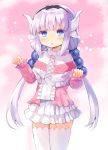  blue_eyes blush dragon_girl dragon_horns frilled_skirt frills hairband highres hopepe horns kanna_kamui kobayashi-san_chi_no_maidragon lavender_hair long_hair looking_at_viewer pink_background skirt solo tail thighhighs twintails white_skirt zettai_ryouiki 