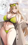  1girl bikini blonde_hair blush breasts choker cleavage coat cosplay double_bun drill_hair fn-49_(girls'_frontline) girls'_frontline green_bikini green_eyes hair_bun highres keenh large_breasts long_hair looking_at_viewer necktie official_alternate_costume open_clothes p90_(girls'_frontline) p90_(girls'_frontline)_(cosplay) p90_(the_girl_from_b.e.l)_(girls'_frontline) sidelocks smile swimsuit 