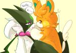 2026 ambiguous_gender anthro brown_eyes cheek_spots duo flower_(anatomy) fur generation_9_pokemon green_body green_fur green_inner_ear hi_res japanese_text mask meowscarada meowscaradameow nintendo orange_body orange_ears orange_fur pawmot pink_eyes pink_nose pokemon pokemon_(species) tail text white_body white_fur white_tail yellow_cheeks