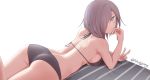  absurdres aqua_eyes ass bangs bikini black_bikini breasts commentary_request eyebrows_visible_through_hair finger_to_face girls_frontline hair_over_one_eye hair_over_shoulder highres large_breasts looking_at_viewer lying mg5_(girls_frontline) on_stomach short_hair shoulder_blades sideboob sidelocks silver_hair simple_background swimsuit texus thighs twitter_username v white_background 