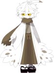  1boy ahoge black_eyes brown_hakama brown_kimono brown_scarf colored_sclera commentary feathers full_body funamusea funamusea_(artist) geta hair_between_eyes hakama haori ice_scream japanese_clothes kimono long_sleeves messy_hair official_art owl_boy scarf short_hair simple_background smile solo spotted_hair standing tabi white_background white_hair white_kimono wide_sleeves yellow_sclera yukisada 