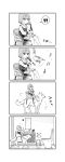  4koma :d afterimage animal armchair bangs bathroom beamed_eighth_notes blush chair closed_mouth comic commentary_request dog eighth_note faucet greyscale hair_between_eyes highres holding holding_instrument indoors instrument long_sleeves mirror monochrome music musical_note no_shoes open_mouth original playing_instrument recorder riding saitou_yuu school_uniform shirt short_hair sink sitting skirt smile socks toilet toilet_paper treble_clef vest |_| 