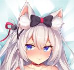  animal_ears azur_lane bangs bare_shoulders bed_sheet black_bow blush bow cat_ears cat_hair_ornament choker closed_mouth collarbone dakimakura eyebrows_visible_through_hair face hair_between_eyes hair_bow hair_ornament hair_ribbon hammann_(azur_lane) ishikawa_kuma_yarou long_hair looking_away looking_to_the_side lying nose_blush on_back portrait red_choker red_ribbon ribbon silver_hair solo 