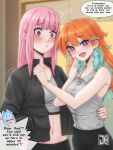  !? 2girls alternate_costume blush earrings english_text feather_earrings feathers green_hair highres hololive hololive_english jasper_xandros jewelry kobo_kanaeru long_hair looking_at_viewer midriff mori_calliope multicolored_hair multiple_girls navel open_mouth orange_hair pink_hair purple_eyes red_eyes smile speech_bubble takanashi_kiara two-tone_hair virtual_youtuber 