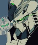  blue_background blue_theme char's_counterattack commentary_request eye_trail from_side green_eyes gundam light_trail mecha mecha_focus mobile_suit no_humans nu_gundam portrait profile robot science_fiction sd_gundam simple_background ten_(prop03) v-fin 