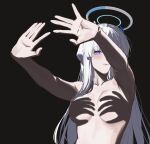  1girl \||/ blue_archive breasts double_\||/ halo hand_shadow_covering_breasts_(meme) highres large_breasts long_hair looking_at_viewer mechanical_halo meme no_nipples noa_(blue_archive) open_hands outstretched_arms purple_eyes reia_76 shadow_censor shadow_puppet spread_fingers white_hair 