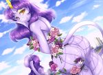  2018 anthro big_butt blue_sky building butt butt_pose clothed clothing cloud day detailed_background digital_media_(artwork) dutch_angle equine eyebrows female fishnet flower hair hi_res horn long_hair looking_at_viewer looking_back mammal moxaji outside plant purple_body purple_eyebrows purple_hair purple_tail rear_view rose sky smile solo standing tail_tuft tuft unicorn unicorn_horn yellow_eyes yellow_horn 