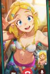  1boy 1girl :d alternate_costume ball bare_shoulders bikini blonde_hair blue_eyes boxers bra braid breasts cellphone commentary controller crown_braid english_commentary game_console game_controller gamecube gamecube_controller hair_ornament hairclip highres indoors link looking_at_viewer male_underwear medium_breasts navel open_mouth parted_bangs phone pink_shorts pointy_ears pov princess_zelda selfie sermella short_hair shorts smartphone smile solo standing stomach swimsuit taking_picture teeth the_legend_of_zelda the_legend_of_zelda:_tears_of_the_kingdom thick_eyebrows triforce underwear upper_teeth_only v viewfinder white_bikini white_bra window 