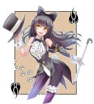  :d bangs bare_shoulders black_bow black_hat black_neckwear blake_belladonna blush bow bowtie center_opening coattails cropped_legs detached_sleeves eyebrows_visible_through_hair fang frills hair_bow hat hat_removed head_tilt headwear_removed highres holding holding_hat iesupa leg_garter leotard long_hair long_sleeves looking_at_viewer open_mouth outside_border pantyhose paw_background purple_legwear rwby single_detached_sleeve smile solo tareme top_hat walking_stick white_leotard wrist_cuffs 