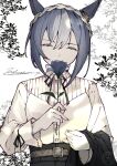  1girl absurdres animal_ears belt black_jacket black_skirt blue_flower blue_hair braid cesario_(umamusume) closed_eyes commentary crown_braid english_commentary facial_mark facing_viewer flower grey_belt hair_between_eyes highres holding holding_flower holding_unworn_clothes holding_unworn_jacket horse_ears horse_girl jacket long_sleeves looking_at_viewer multicolored_hair shikahisa_totani shirt short_hair skirt solo umamusume unworn_jacket white_shirt 