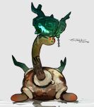  absurdres alternate_form commentary_request dated fusion glowing glowing_eyes grey_background highres no_humans pokemon pokemon_(creature) red_eyes reflection shuckle signature solo sukepmonster ting-lu 