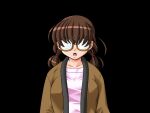  1girl black_background boku_no_himitsu_taiken breasts brown_hair collarbone game_cg glasses hanten_(clothes) large_breasts large_variant_set long_sleeves low_twintails mame medium_hair non-web_source opaque_glasses open_mouth pink_shirt shirt simple_background solo tsukamoto_nanako_(boku_no_himitsu_taiken) twintails upper_body v-shaped_eyebrows variant_set 