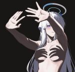 1girl \||/ absurdres blue_archive breasts closed_mouth commentary_request completely_nude double_\||/ halo hand_shadow_covering_breasts_(meme) headgear highres large_breasts long_hair looking_at_viewer mechanical_halo meme no_nipples noa_(blue_archive) nude open_hands outstretched_arms purple_eyes reia_76 shadow_censor shadow_puppet solo spread_fingers very_long_hair white_hair white_halo 